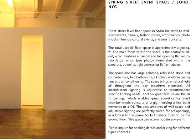 Special events rental space Soho, Manhattan, NYC, Spring Street, New York, NY