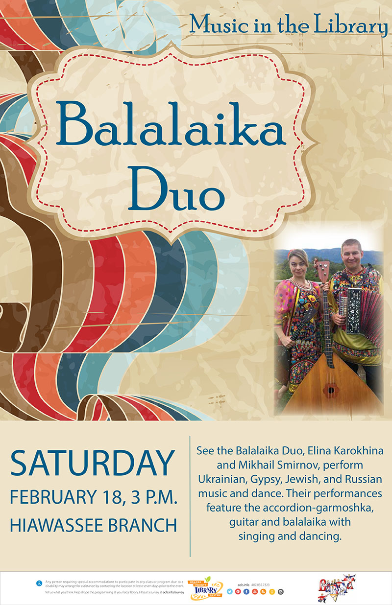 Russian Balalaika Duo, Mikhail Smirnov, Elina Karokhina, Florida, February 2017, 
Hiawassee Public Library, Orlando, FL