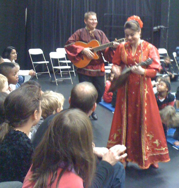 Russian multicultural school assembly. Ensemble Barynya from New York