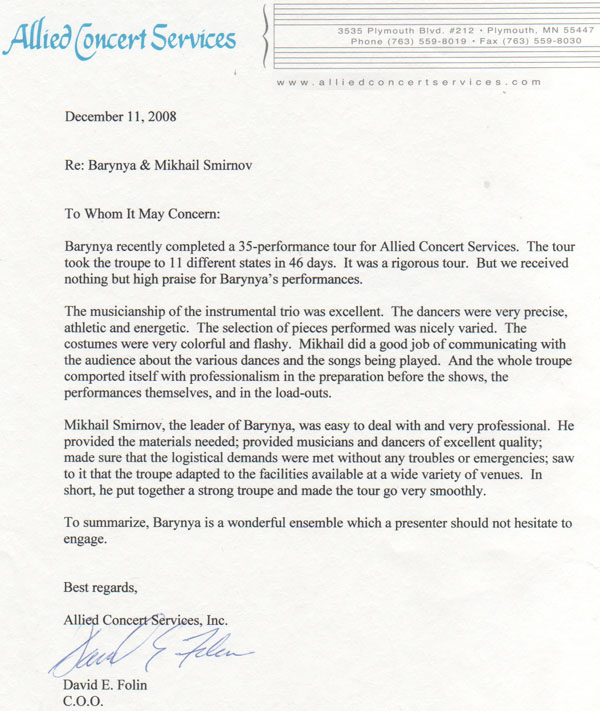 Recommendation letter for Barynya from Allied Concert Services. Midwest Tour 2008