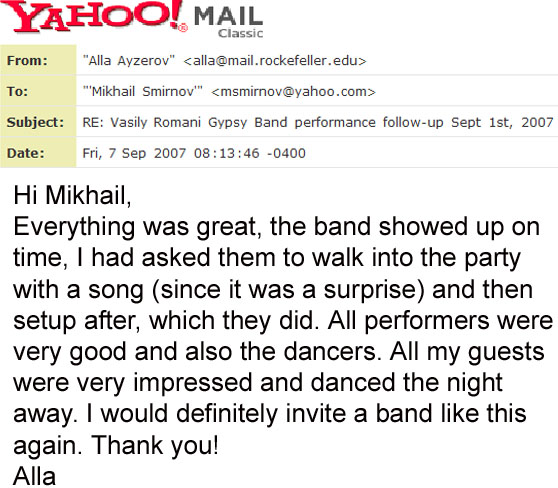 Vasily Romani Gypsy Band recommendation letter