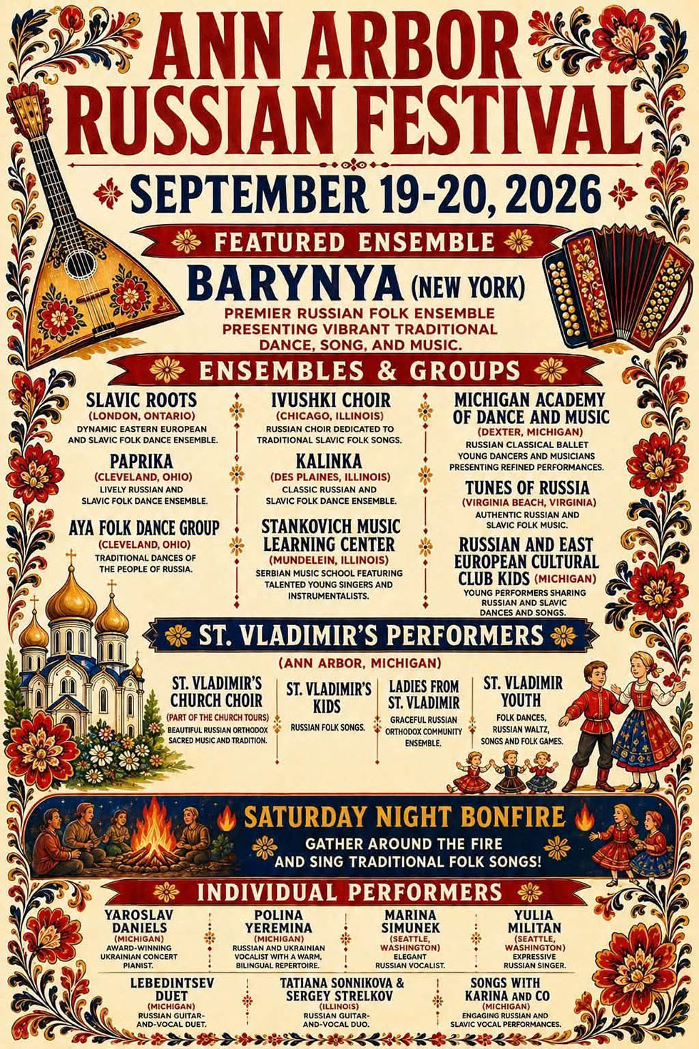 Michigan Russian folk dancers, Michigan Russian musicians, Russian singers Michigan, Ann Arbor Russian Festival-2026, Dexter Michigan, St. Vladimir's Russian Church 9900 Jackson Rd. Dexter MI 48130