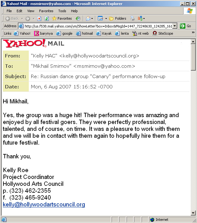 Russian dance ensemble Canary recommendation letter