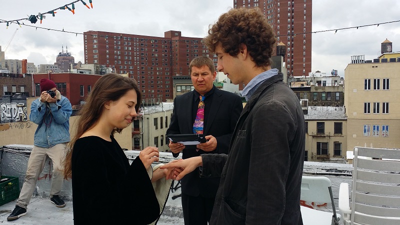 Russian-American Wedding Ceremony, bilingual Russian-English wedding Minister Mikhail, rooftop, Lower East Side, New York City, Chinatown