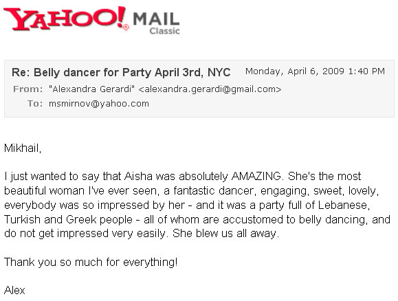 Recommendation letter for Belly Dancer Aeesha