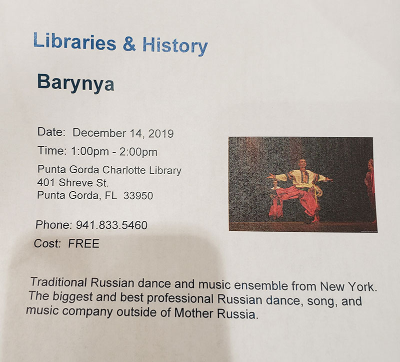 Russian musicians, Barynya Balalaika Duo Florida, Russian singers, balalaika, garmoshka, Punta Gorda Library, Punta Gorda, FL, Charlotte County, 401 Shreve Street, Punta Gorda, FL 33950, Saturday, December 14th, 2019