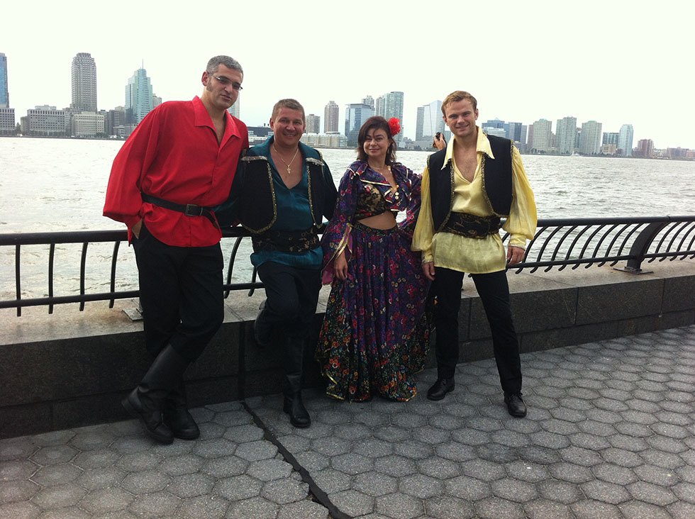 Sunday August 5th 2012, Russian-Gypsy style party on the boat in New York City, 08-05-2012, Elina Karokhina (balalaika), Mikhail Smirnov (guitar, vocals), Pavel Zhivago (bayan-accordion) and Alexandre Tseytlin (violin)