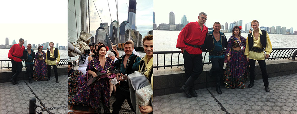 Sunday August 5th 2012, Russian-Gypsy style party on the boat in New York City, 08-05-2012, Elina Karokhina (balalaika), Mikhail Smirnov (guitar, vocals), Pavel Zhivago (bayan-accordion) and Alexandre Tseytlin (violin)