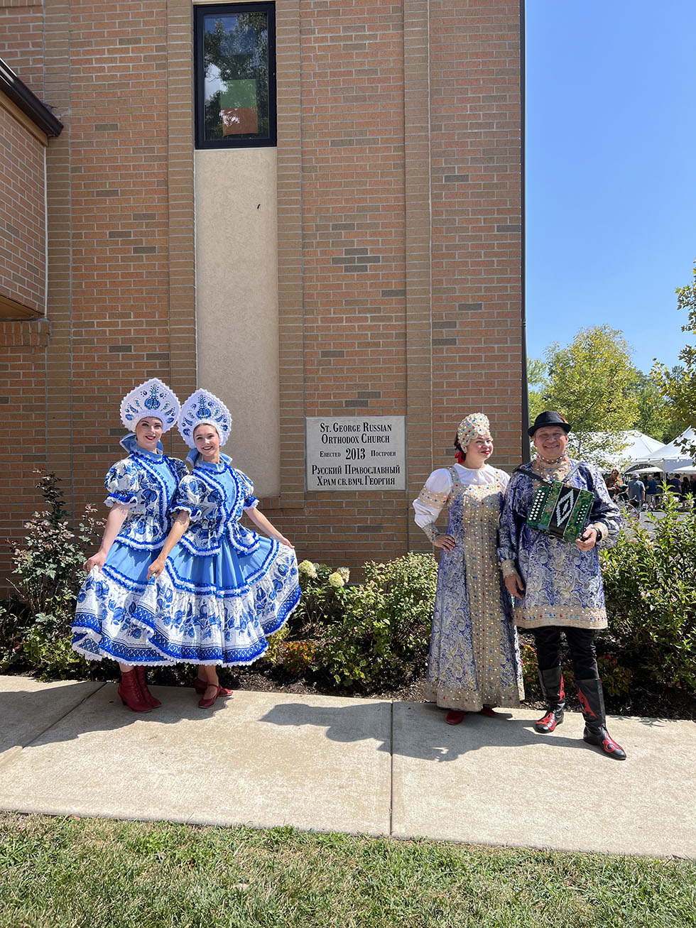 Ensemble Barynya in Ohio, Russian dancers Cincinnati, dancer Victoria Lazareva, dancer Tara Kuhl, balalaika virtuoso Elina Karokhina, artistic director, garmoshka virtuoso guitar player singer Mikhail Smirnov, St. George Festival in Loveland Ohio, St. George Russian Orthodox Church 118 N Lebanon Rd Loveland, OH 45140