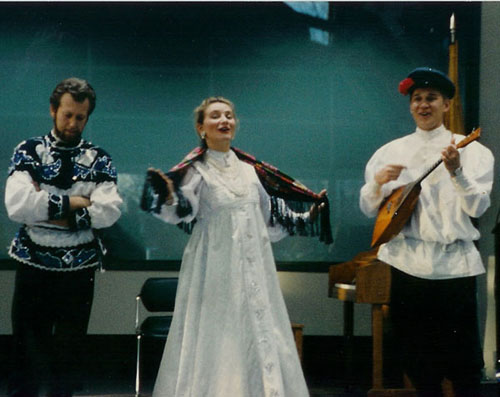 1992, Russian folk music and dance trio Barynya: Natasha Demidova, Sasha Anchutin, Mikhail Smirnov