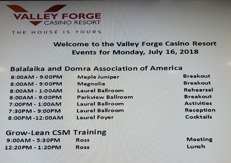 Valley Forge Casino Resort, King Of Prussia, Pennsylvania, USA, BDAA-2018, BDAA day schedule, 40th Anniversary conference, Balalaika and Domra Association of America